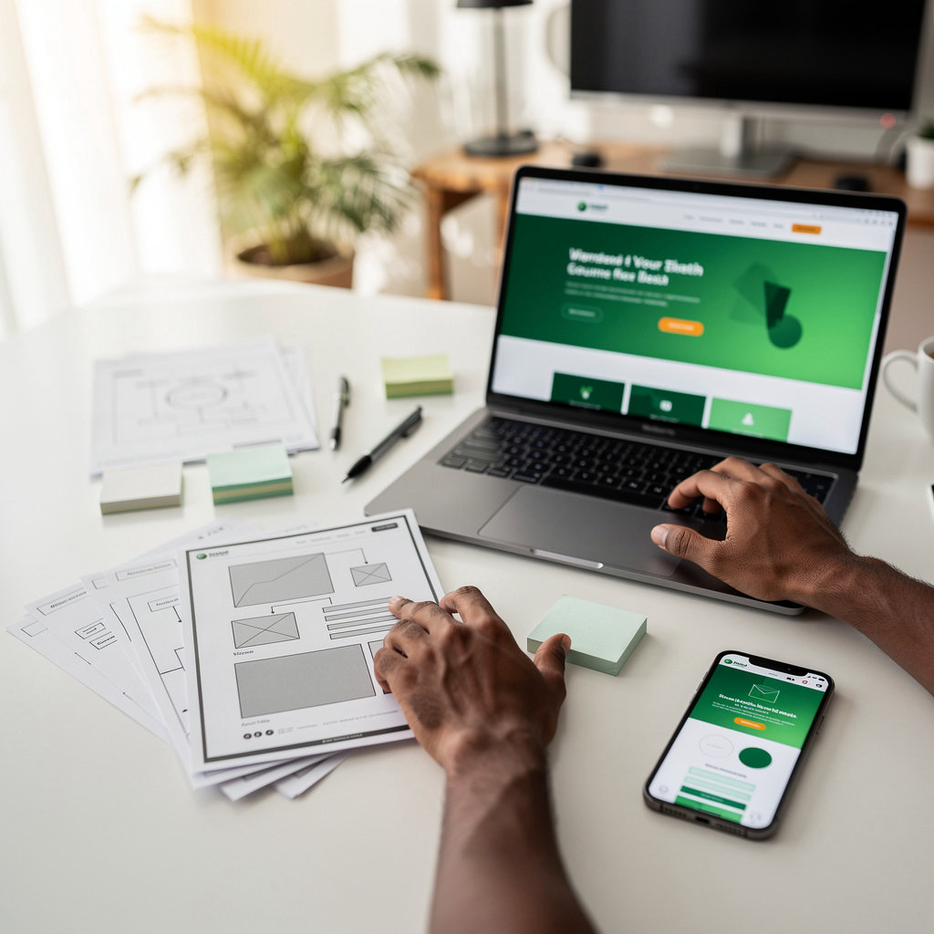 WebcraftJa process illustration showing discovery, strategy, design, and launch steps for web development